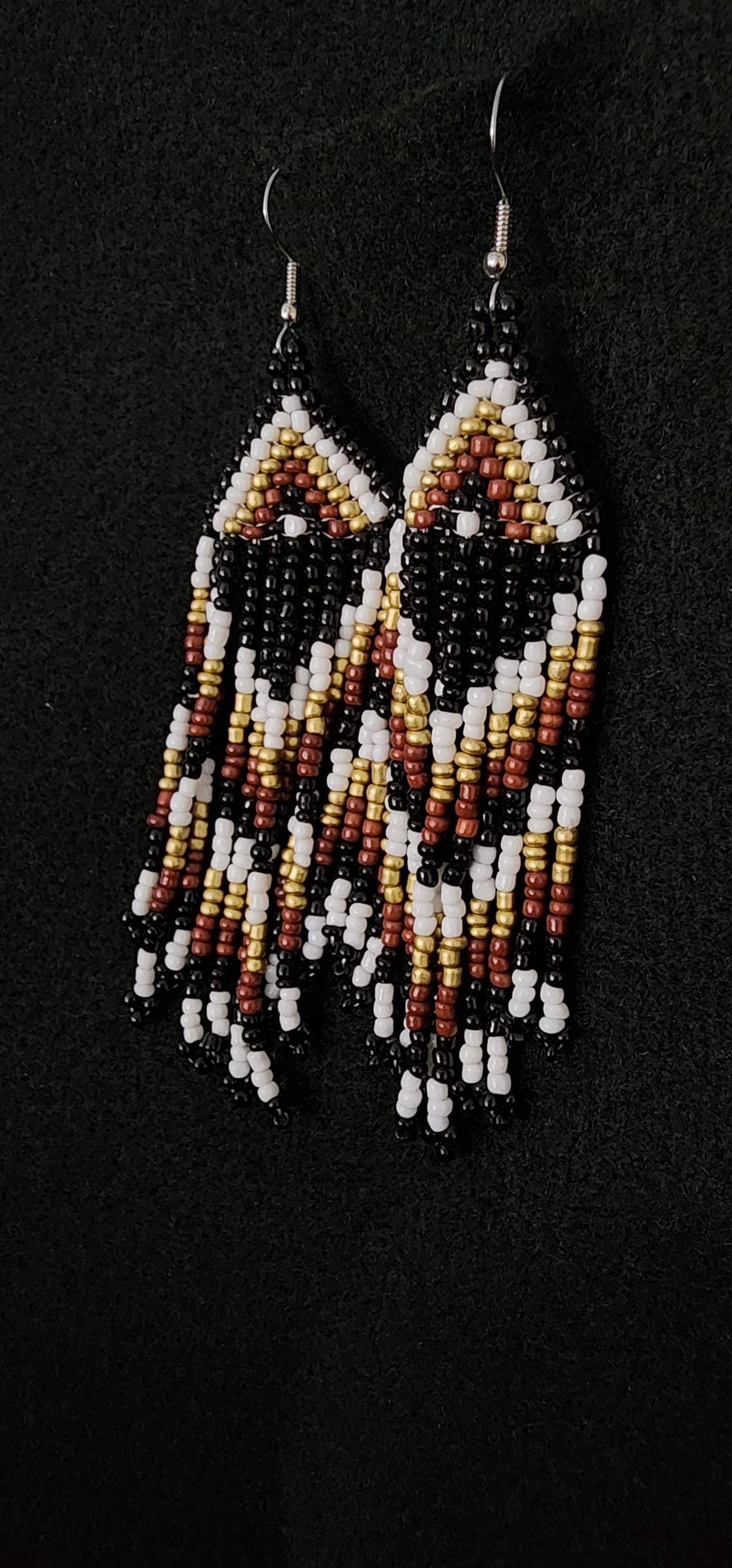 Beaded black, white and brown earrings